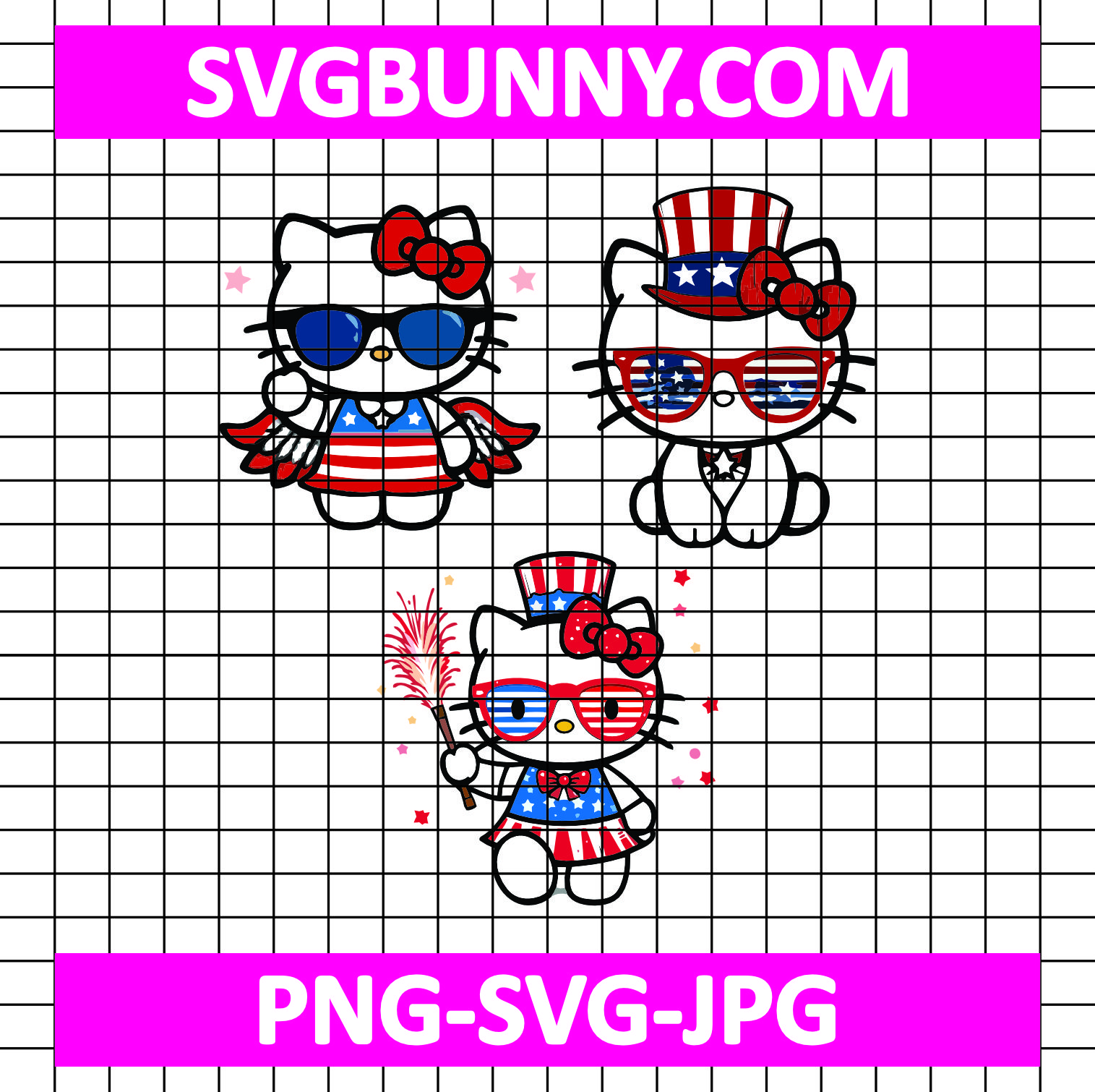 Hello Kitty Bundle SVG, Sanrio SVG, Hello Kitty SVG, Kawaii SVG, 4th of July Hello Kitty SVG Hello Kitty Be Mine Candy SVG Celebrate patriotism with the Patriotic Hello Kitty Bundle SVG. This Halloween SVG design features Hello Kitty in a red, white, and blue theme with flags and stars, perfect for Independence Day or Memorial Day crafts. Ideal for Cricut, Silhouette, and other cutting machines, it's great for creating custom shirts, mugs, and tote bags.