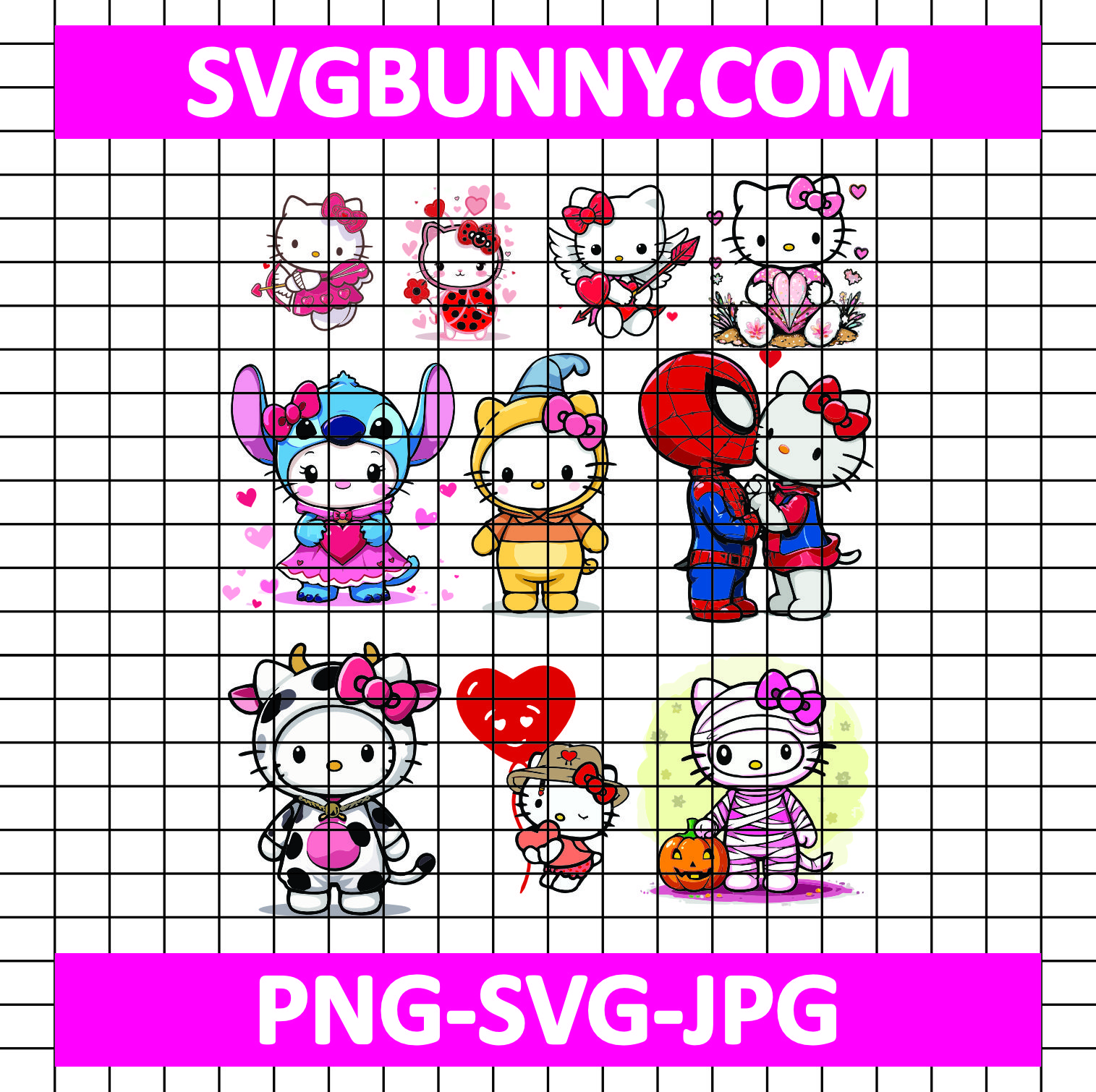 Hello Kitty Valentines Bundle SVG, Hello Kitty and Stitch SVG, Spider Man Kiss Hello Kitty SVG Pooh and Friends Bundle SVG Hello Kitty Valentines Bundle SVG, Hello kitty and Stitch SVG, Spider man Kiss Hello Kitty SVG